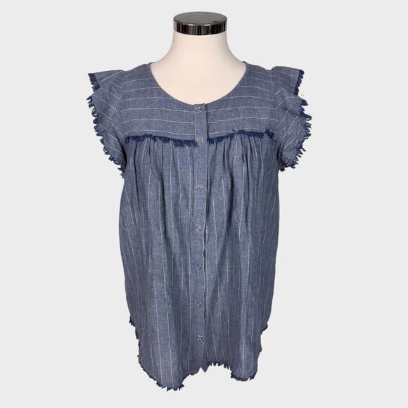 Doe & Rae Tops - Doe & Rae Large Blue White Stripe Ruffle Cap Sleeve Frayed Edge Top